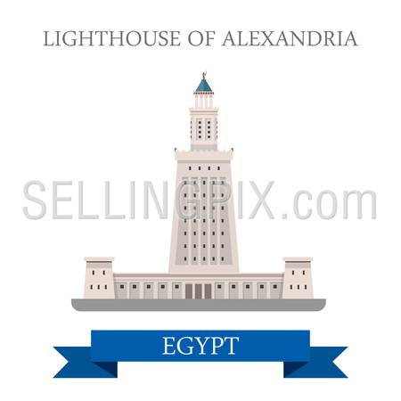 Lighthouse of Alexandria in Egypt. Flat cartoon style historic sight showplace attraction web site vector illustration. World countries cities vacation travel Africa sightseeing collection.