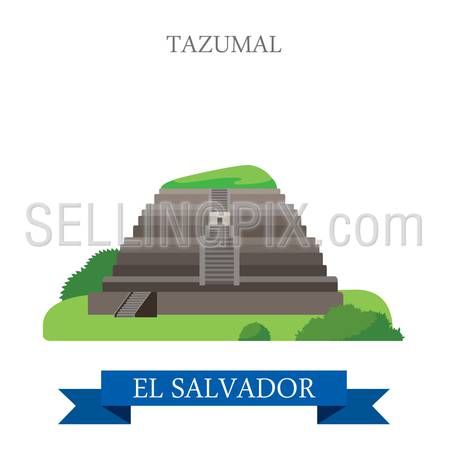 Tazumal in El Salvador. Flat cartoon style historic sight showplace attraction web site vector illustration. World countries vacation travel Central America sightseeing collection.