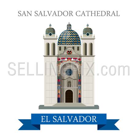 San Salvador Cathedral in El Salvador. Flat cartoon style historic sight showplace attraction web site vector illustration. World countries vacation travel Central America sightseeing collection.