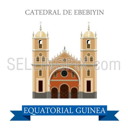 Catedral de Ebebiyin in Equatorial Guinea. Flat cartoon style historic sight showplace attraction web site vector illustration. World countries cities vacation travel Africa sightseeing collection.
