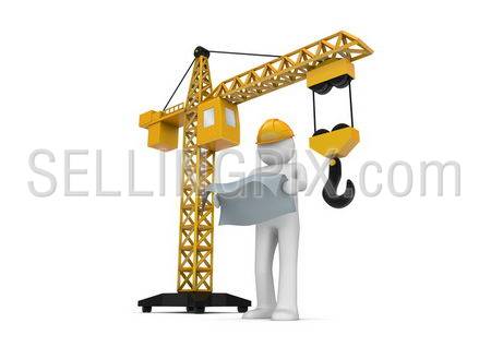 Builder and crane (3d isolated on white background characters series)