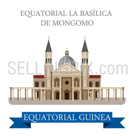 Basilica de Mongomo in Equatorial Guinea. Flat cartoon style historic sight showplace attraction web site vector illustration. World countries cities vacation travel Africa sightseeing collection.