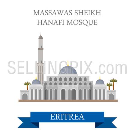 Massawas Sheikh Hanafi Mosque in Eritrea. Flat cartoon style historic sight showplace attraction web site vector illustration. World countries cities vacation travel Africa sightseeing collection.