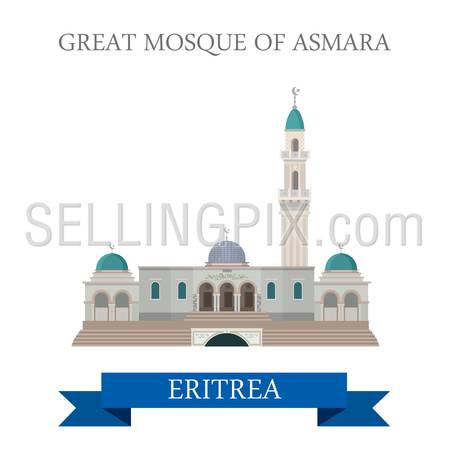 Great Mosque in Asmara Eritrea. Flat cartoon style historic sight showplace attraction web site vector illustration. World countries cities vacation travel Africa sightseeing collection.
