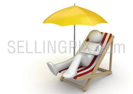Man lying on a beach chair ynder umbrella (3d isolated on white background characters series)