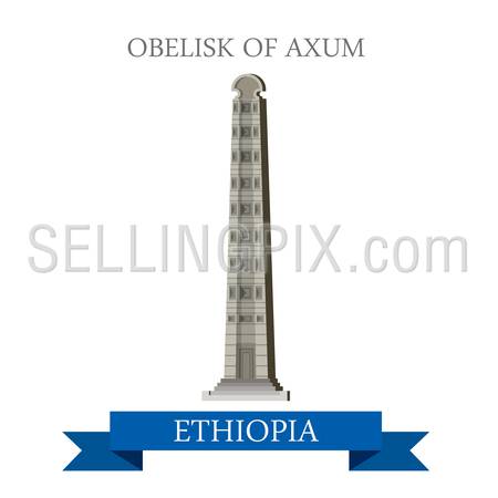 Obelisk of Axum in Ethiopia. Flat cartoon style historic sight showplace attraction web site vector illustration. World countries cities vacation travel Africa sightseeing collection.