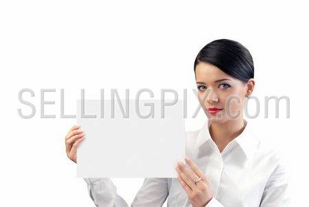 Attractive young businesswoman with copy space sheet (business photo series isolated people with copy spaces)