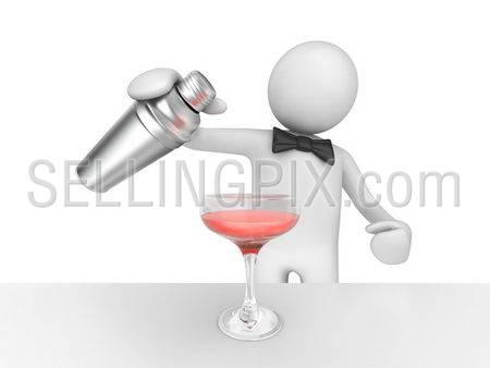 Barman pouring your pink cocktail (3d isolated on white background characters series)