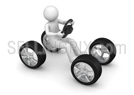 Man driving imaginary car (3d isolated on white background characters series)