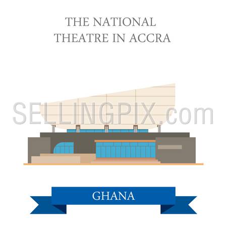 The National Theatre in Accra Ghana. Flat cartoon style historic sight showplace attraction web site vector illustration. World countries cities vacation travel sightseeing Africa collection.