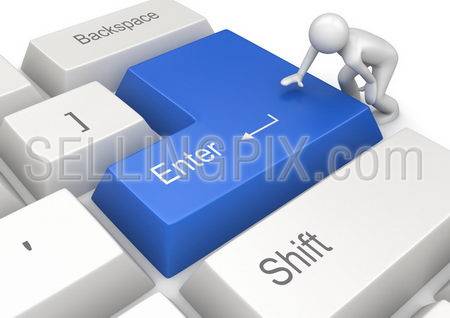 Man pressing blue ENTER key (3d isolated on white background characters series)
