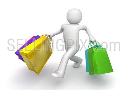Shopper walking with paper bags (3d isolated on white background characters series)