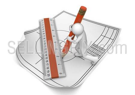 Engineer drawing with pencil and ruler (3d isolated on white background characters series)