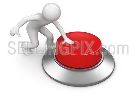 Man pressing red emergency button (3d isolated on white background characters series)