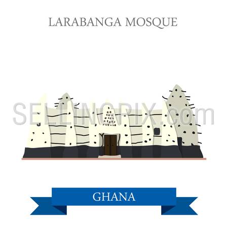 Larabanga Mosque in Ghana. Flat cartoon style historic sight showplace attraction web site vector illustration. World countries cities vacation travel sightseeing Africa collection.