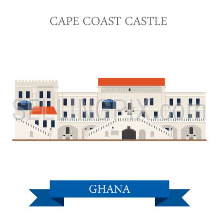 Cape Coast Castle in Ghana. Flat cartoon style historic sight showplace attraction web site vector illustration. World countries cities vacation travel sightseeing Africa collection.