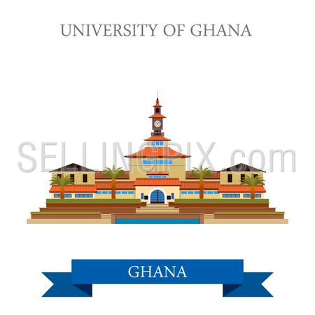 University of Ghana in Accra. Flat cartoon style historic sight showplace attraction web site vector illustration. World countries cities vacation travel sightseeing Africa collection.