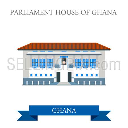 Parliament House of Ghana in Accra. Flat cartoon style historic sight showplace attraction web site vector illustration. World countries cities vacation travel sightseeing Africa collection.
