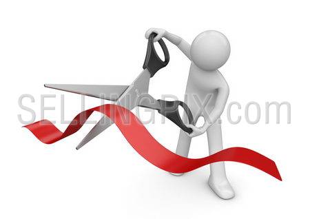 Opening: man cutting red stripe with scissors (3d isolated on white background characters series)
