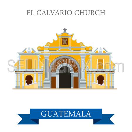 El Calvario Church Cobán in Guatemala. Flat cartoon style historic sight showplace attraction web site vector illustration. World countries cities travel sightseeing Central America collection.
