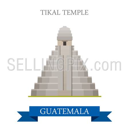 Tikal Temple in Guatemala. Flat cartoon style historic sight showplace attraction web site vector illustration. World countries cities vacation travel sightseeing Central America collection.