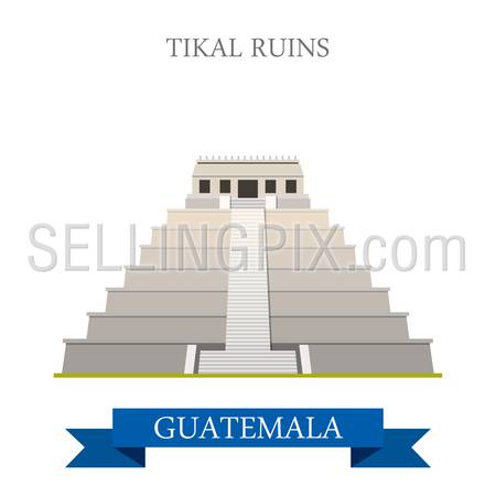 Tikal Ruins in Guatemala. Flat cartoon style historic sight showplace attraction web site vector illustration. World countries cities vacation travel sightseeing Central America collection.