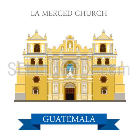 La Merced Church Antigua in Guatemala. Flat cartoon style historic sight showplace attraction web site vector illustration. World countries cities travel sightseeing Central America collection.