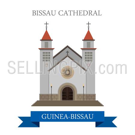 Bissau Cathedral in Guinea-Bissau. Flat cartoon style historic sight showplace attraction web site vector illustration. World countries cities vacation travel sightseeing Africa collection.