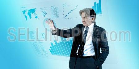 Businessman navigating interface in future (outstanding business people in interiors / interfaces series)