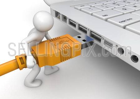Man connecting USB device (3d isolated on white background characters series)