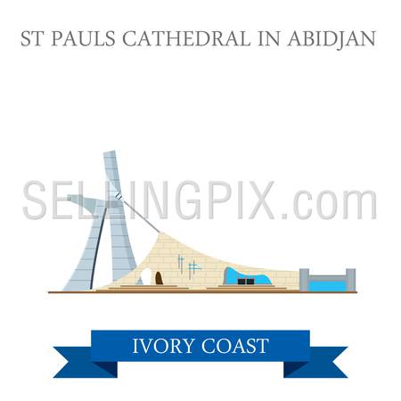 St Paul’s Cathedral in Abidjan Ivory Coast. Flat cartoon style historic sight showplace attraction web site vector illustration. World countries cities vacation travel sightseeing Africa collection.