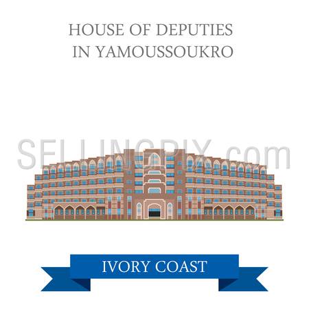 House of Deputies in Yamoussoukro Ivory Coast. Flat cartoon style historic sight showplace attraction web site vector illustration. World countries cities vacation travel sightseeing Africa collection