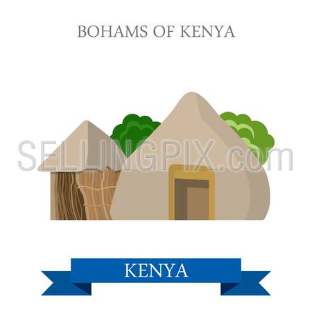 Bomas of Kenya. Flat cartoon style historic sight showplace attraction web site vector illustration. World countries cities vacation travel sightseeing Africa collection.