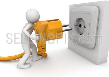Man plugging AC power cord (3d isolated on white background characters series)