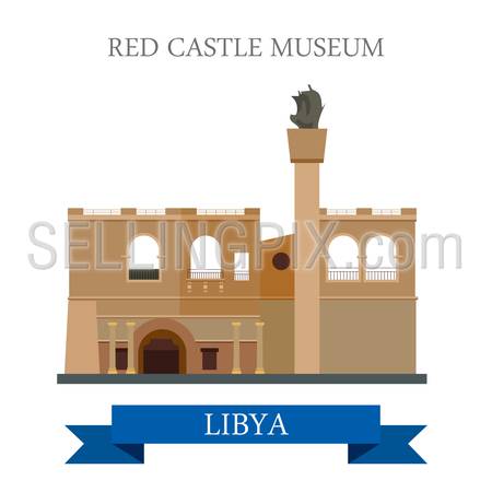 Red Castle Museum in Tripoli Libya. Flat cartoon style historic sight showplace attraction web site vector illustration. World countries cities vacation travel sightseeing Africa collection.