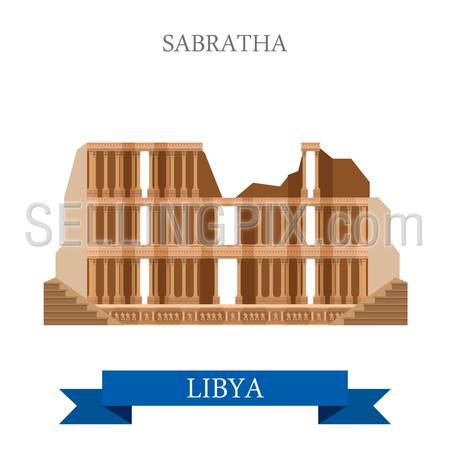Sabratha in Libya. Flat cartoon style historic sight showplace attraction web site vector illustration. World countries cities vacation travel sightseeing Africa collection.