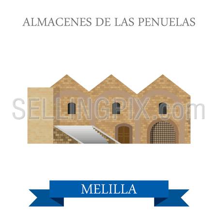 Almacenes de Las Penuelas en Melilla. Flat cartoon style historic sight showplace attraction web site vector illustration. World countries cities vacation travel sightseeing Africa collection.