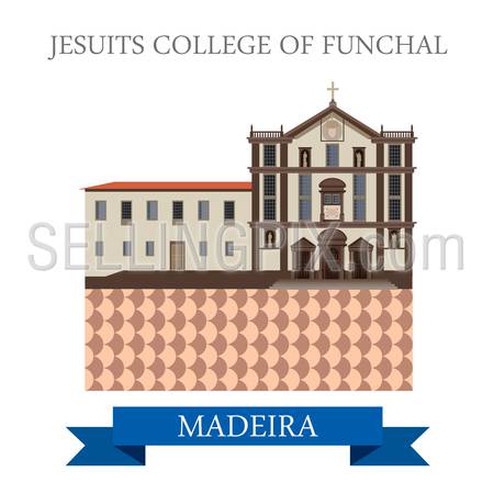 Jesuits’ College of Funchal in Madeira. Flat cartoon style historic sight showplace attraction web site vector illustration. World countries cities vacation travel sightseeing Africa island nation collection.
