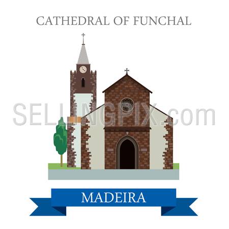 Cathedral of Funchal Madeira in Portugal. Flat cartoon style historic sight showplace attraction web site vector illustration. World countries cities vacation travel sightseeing Africa collection.