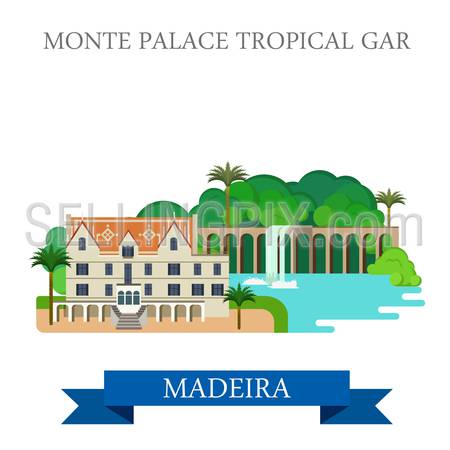 Monte Palace Tropical Garden in Madeira Portugal. Flat cartoon style historic sight showplace attraction web site vector illustration. World countries cities vacation travel sightseeing collection