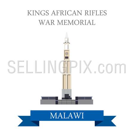 King’s African Rifles War Memorial in Zomba Malawi. Flat cartoon style historic sight showplace attraction web site vector illustration. World countries cities vacation travel sightseeing collection.