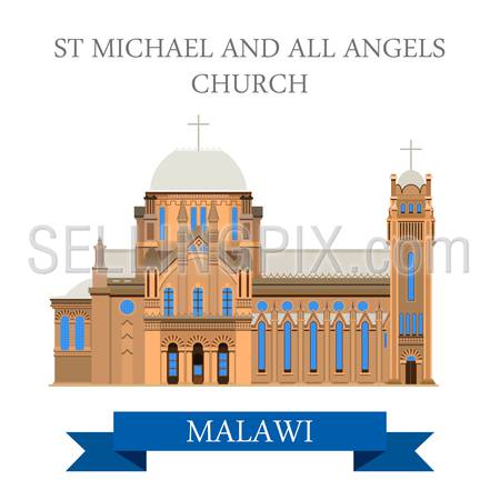 St Michael and All Angels Church in Blantyre Malawi. Flat cartoon style historic sight showplace attraction web site vector illustration. World countries cities vacation travel sightseeing collection