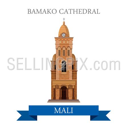 Bamako Cathedral in Mali. Flat cartoon style historic sight showplace attraction web site vector illustration. World countries cities vacation travel sightseeing Africa collection.