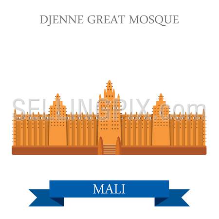 Djenne Great Mosque in Farmantala in Mali. Flat cartoon style historic sight showplace attraction web site vector illustration. World countries cities vacation travel sightseeing Africa collection.