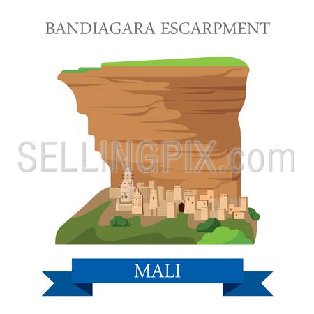 Bandiagara Escarpment in Mali. Flat cartoon style historic sight showplace attraction web site vector illustration. World countries cities vacation travel sightseeing Africa collection.