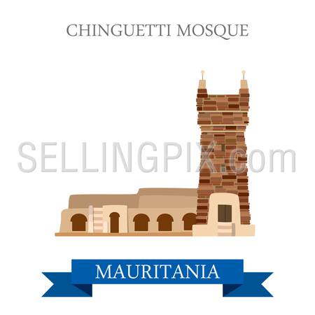 Chinguetti Mosque in Mauritania. Flat cartoon style historic sight showplace attraction web site vector illustration. World countries cities vacation travel sightseeing Africa collection.