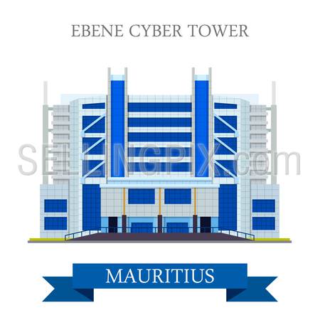 Ebene Cyber Tower in Mauritius. Flat cartoon style historic sight showplace attraction web site vector illustration. World countries cities vacation travel sightseeing Africa island nation collection.