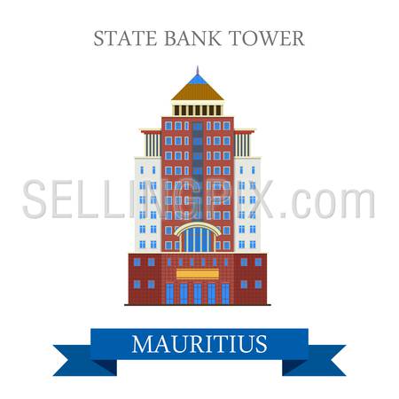 State Bank Tower in Mauritius. Flat cartoon style historic sight showplace attraction web site vector illustration. World countries cities vacation travel sightseeing Africa island nation collection.