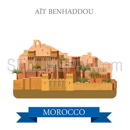 Aït Benhaddou in Marocco. Flat cartoon style historic sight showplace attraction web site vector illustration. World countries cities vacation travel sightseeing Africa collection.
