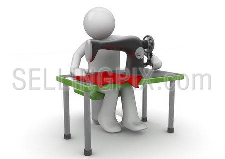 Needlewoman working on stitching machine – 3d characters isolated on white background series